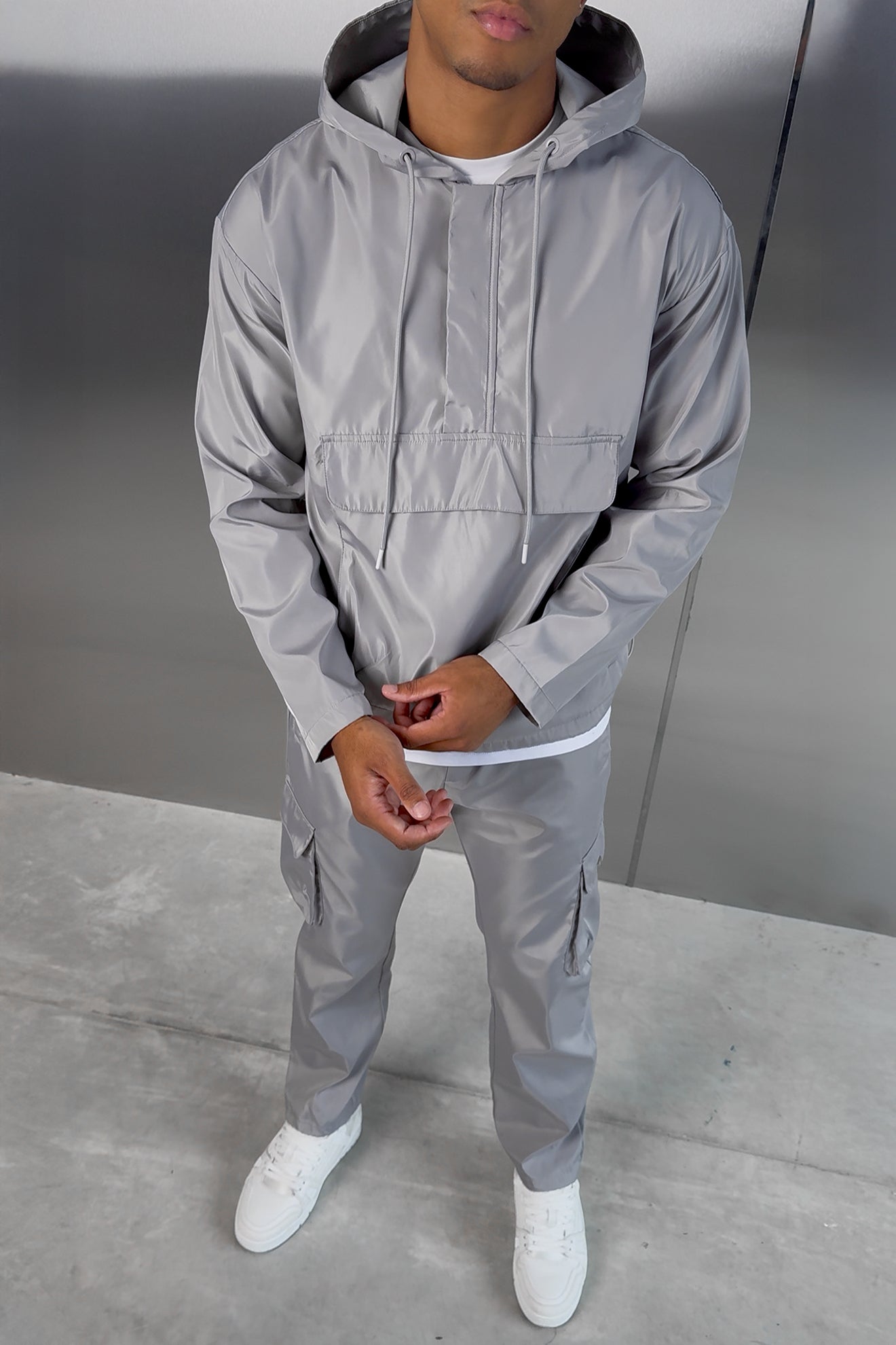 Matte Nylon Pullover Jacket - Light Grey
