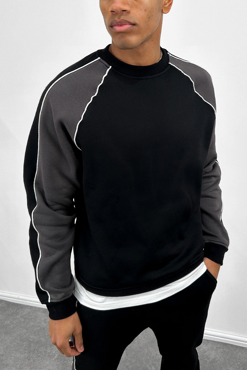 Panelled Piping Crew Neck Sweatshirt - Black