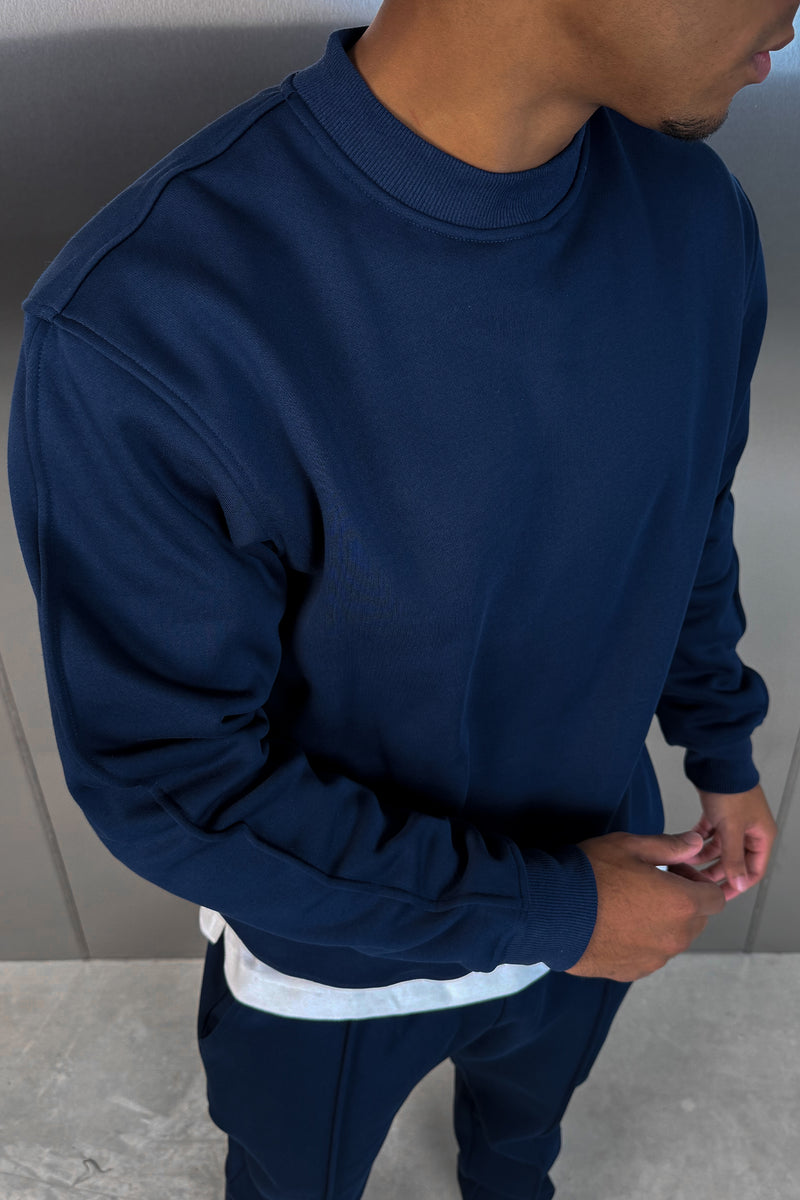 Extended Neck Crew Neck Sweatshirt - Navy