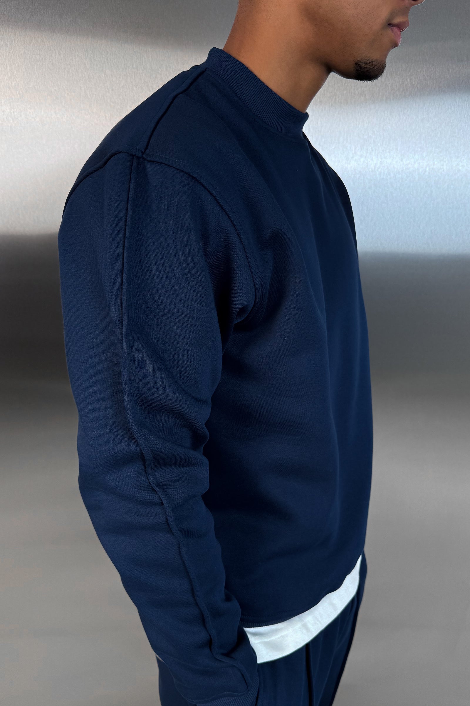 Extended Neck Crew Neck Sweatshirt - Navy