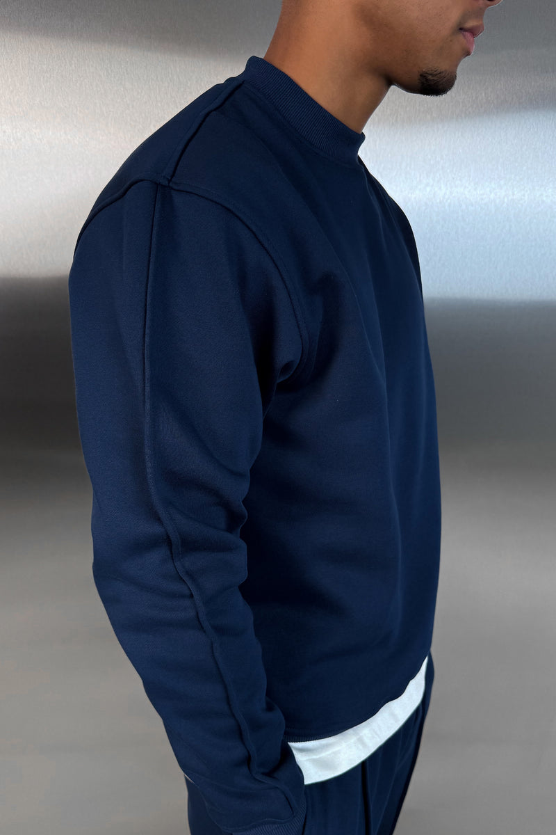 Extended Neck Crew Neck Sweatshirt - Navy