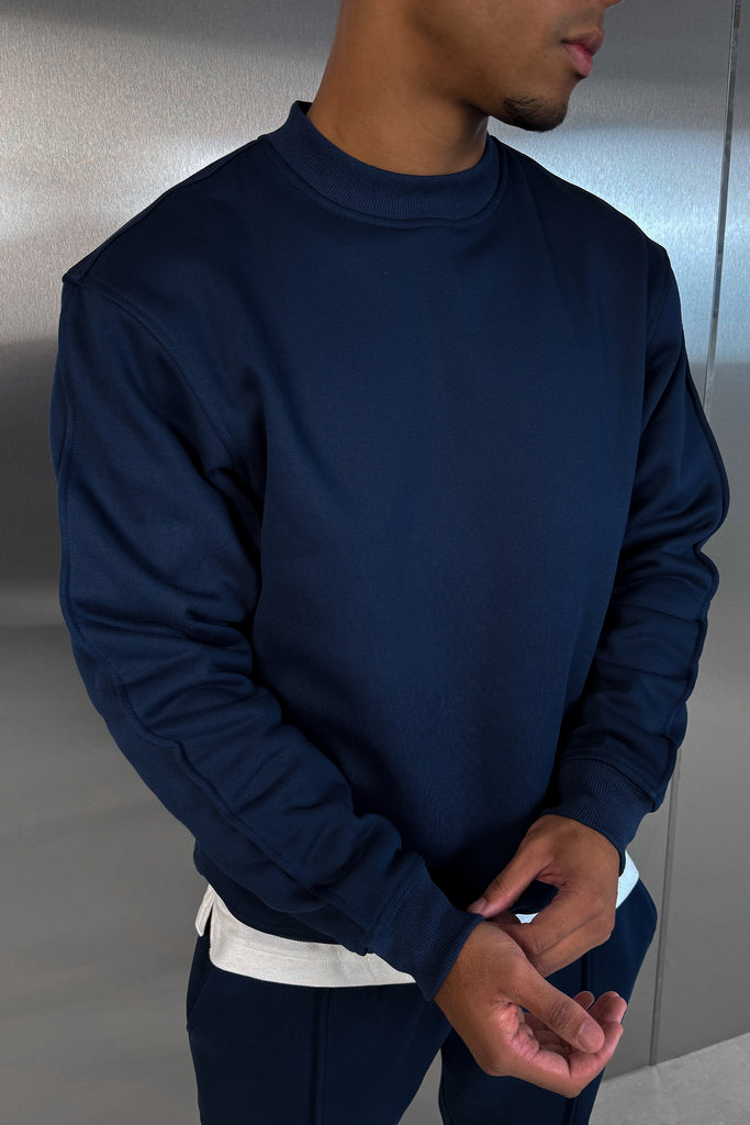 Extended Neck Crew Neck Sweatshirt - Navy