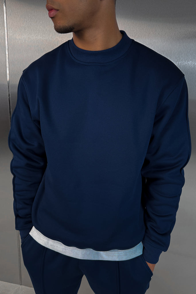 Extended Neck Crew Neck Sweatshirt - Navy