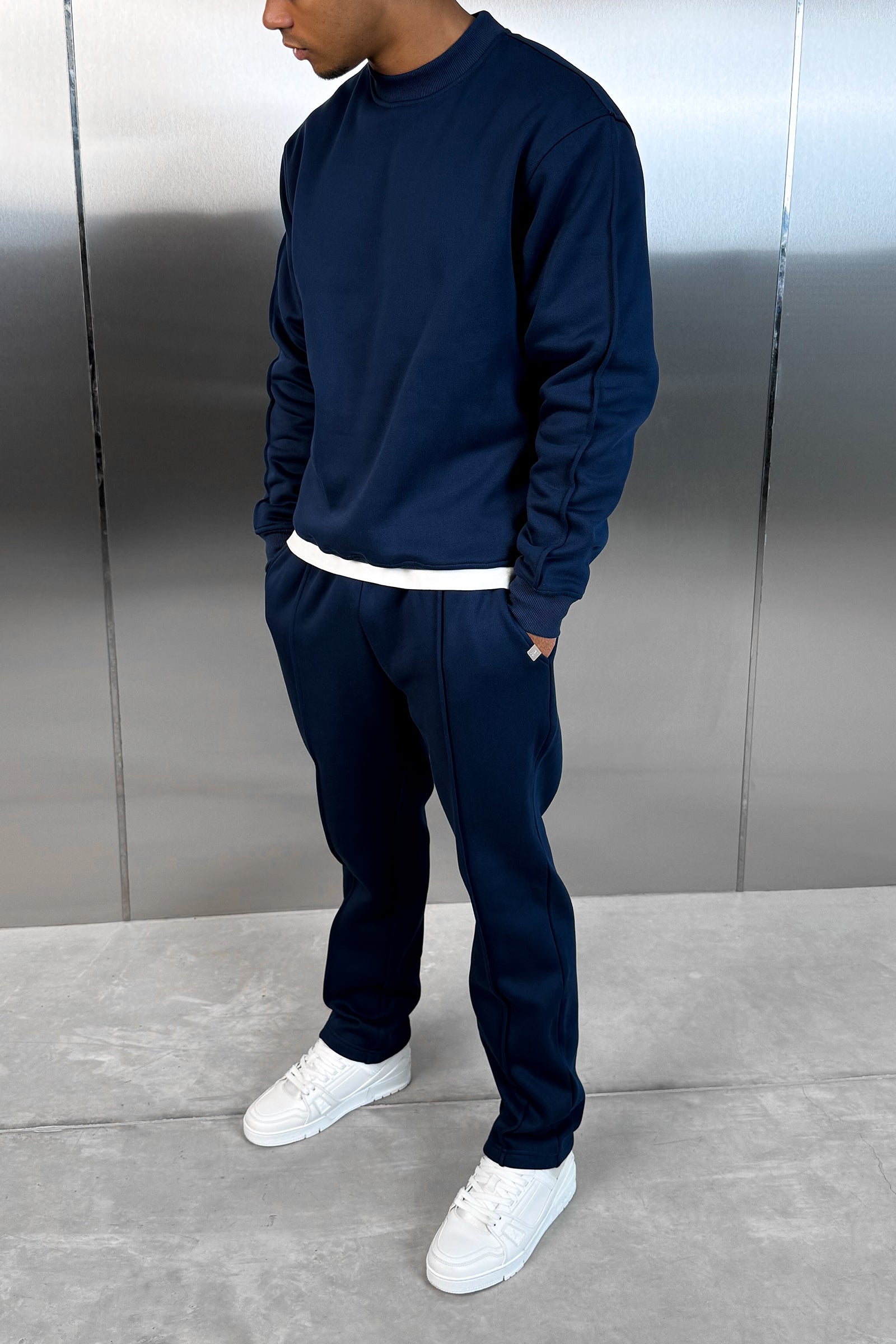 Extended Neck Crew Neck Sweatshirt - Navy