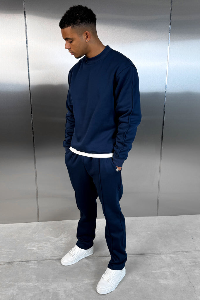 Extended Neck Crew Neck Sweatshirt - Navy