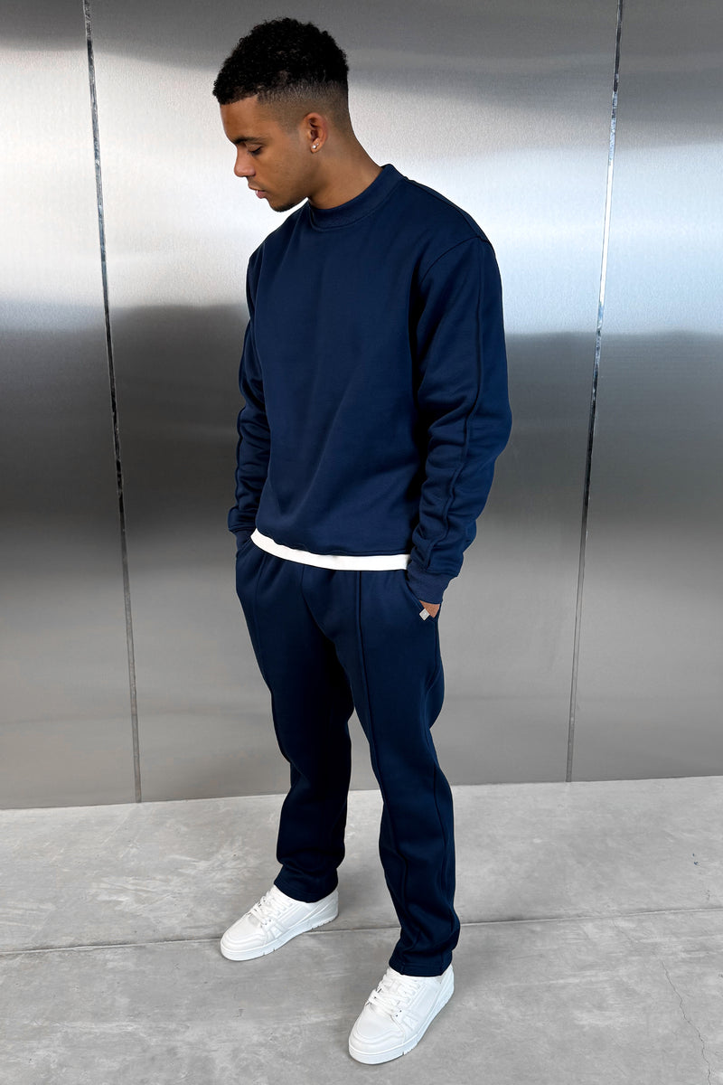 Extended Neck Crew Neck Sweatshirt - Navy