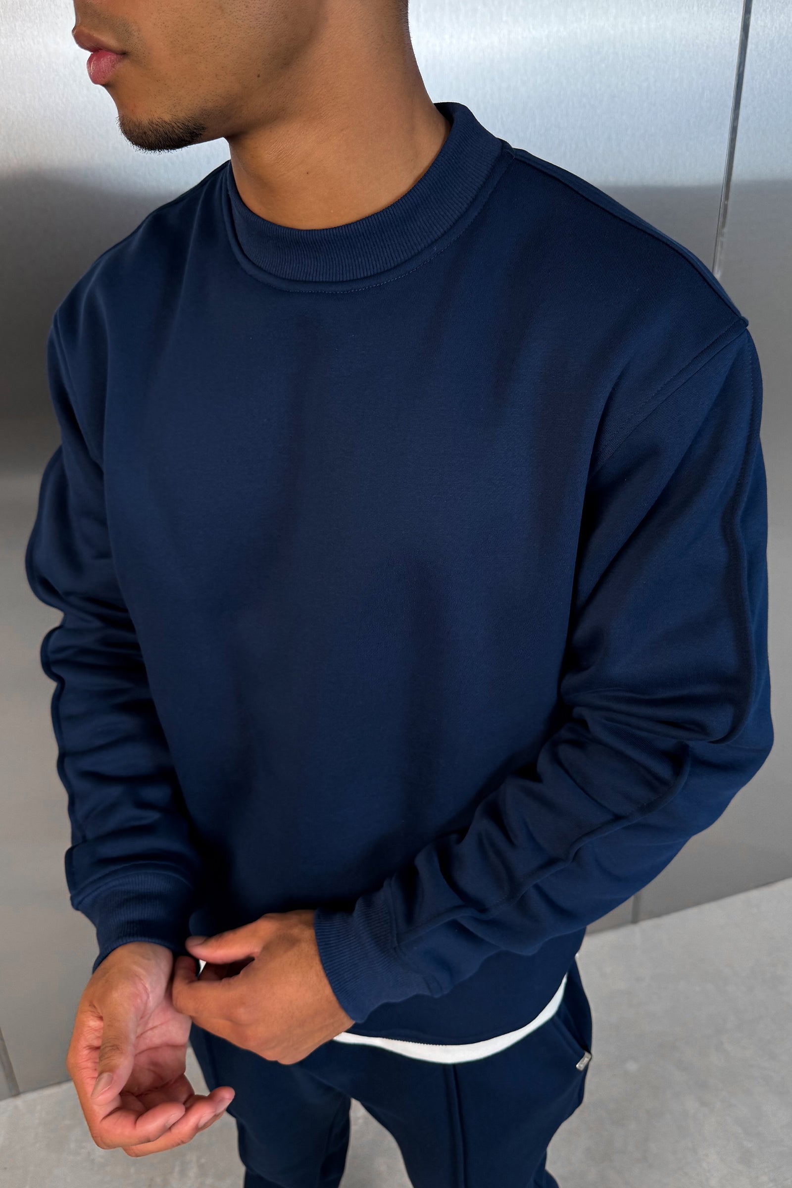 Extended Neck Crew Neck Sweatshirt - Navy