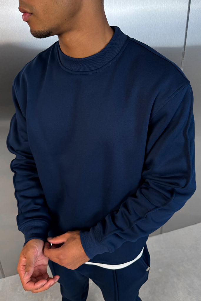 Extended Neck Crew Neck Sweatshirt - Navy