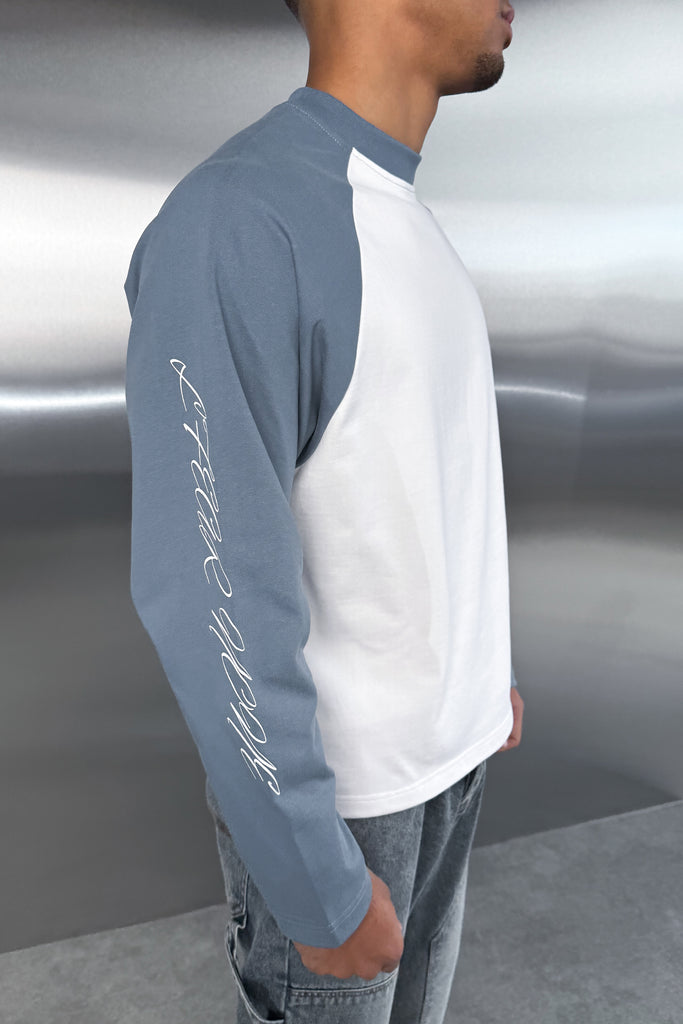 Scripture Raglan Long Sleeve Boxy T-Shirt - Slate Blue/White