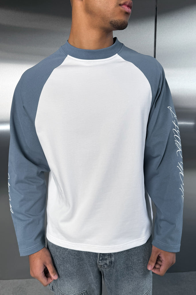 Scripture Raglan Long Sleeve Boxy T-Shirt - Slate Blue/White
