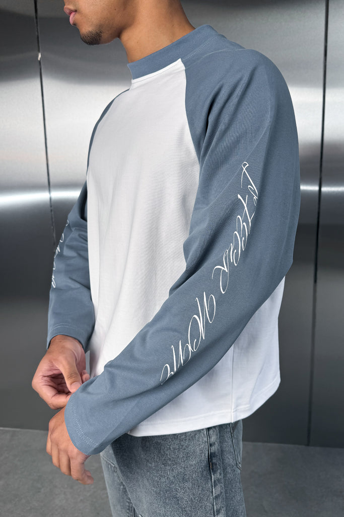Scripture Raglan Long Sleeve Boxy T-Shirt - Slate Blue/White