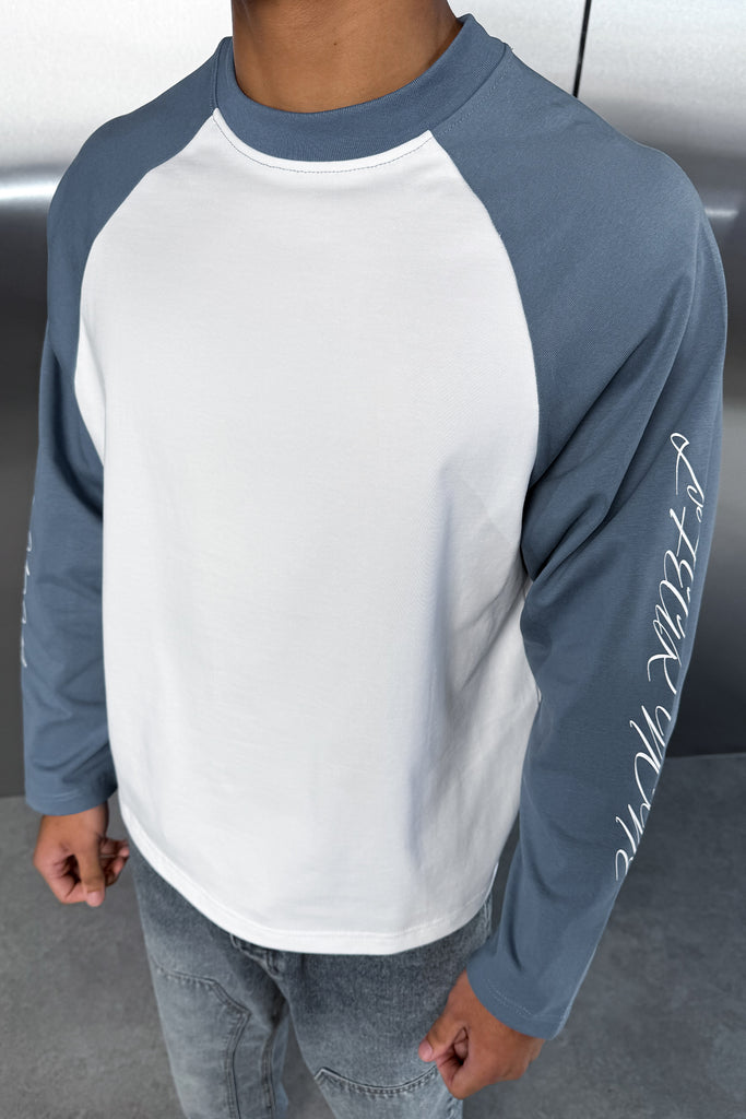 Scripture Raglan Long Sleeve Boxy T-Shirt - Slate Blue/White