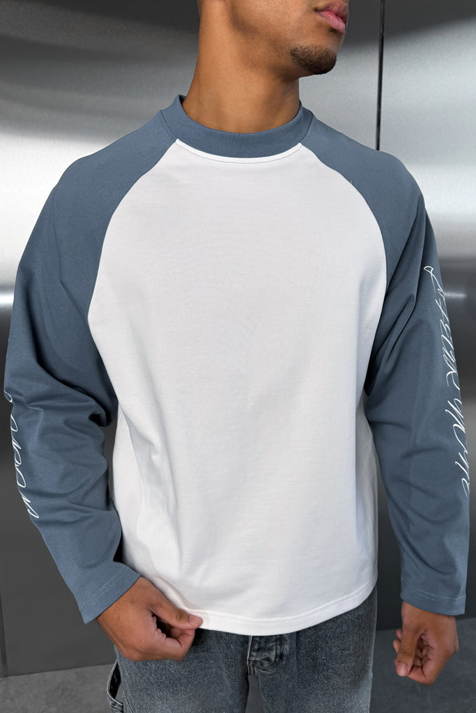 Scripture Raglan Long Sleeve Boxy T-Shirt - Slate Blue/White