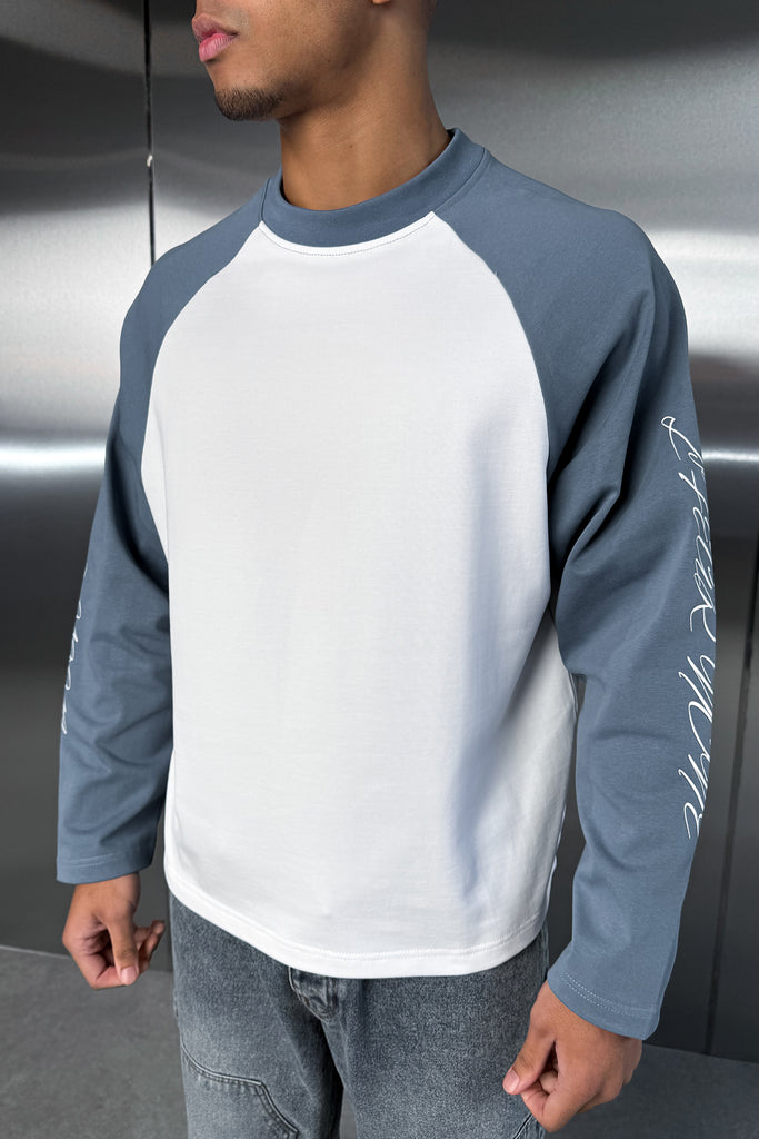 Scripture Raglan Long Sleeve Boxy T-Shirt - Slate Blue/White
