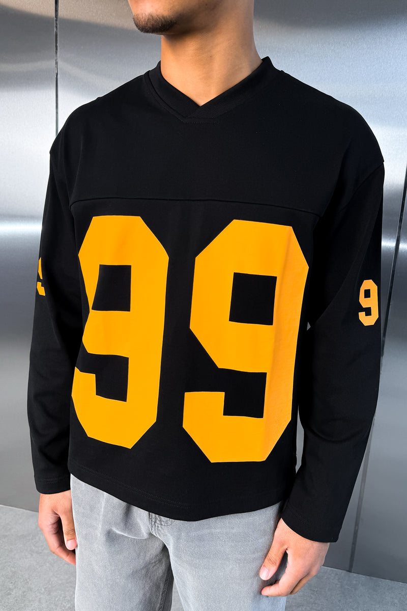 Boxy ’99’ Long Sleeve V-Neck T-Shirt - Black