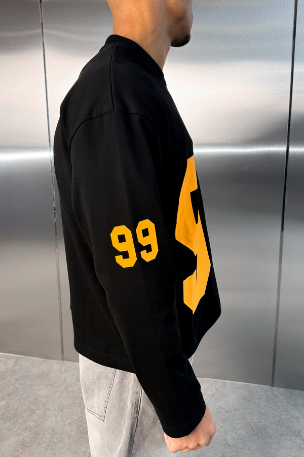 Boxy ’99’ Long Sleeve V-Neck T-Shirt - Black