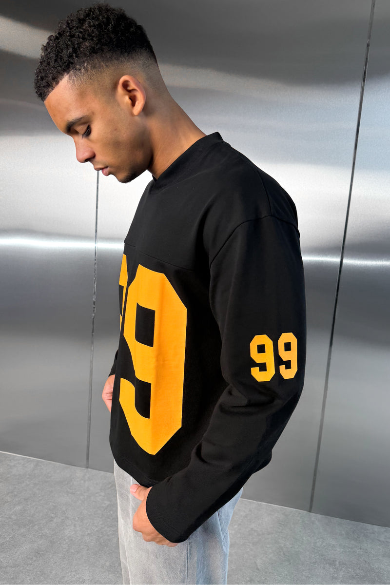 Boxy ’99’ Long Sleeve V-Neck T-Shirt - Black