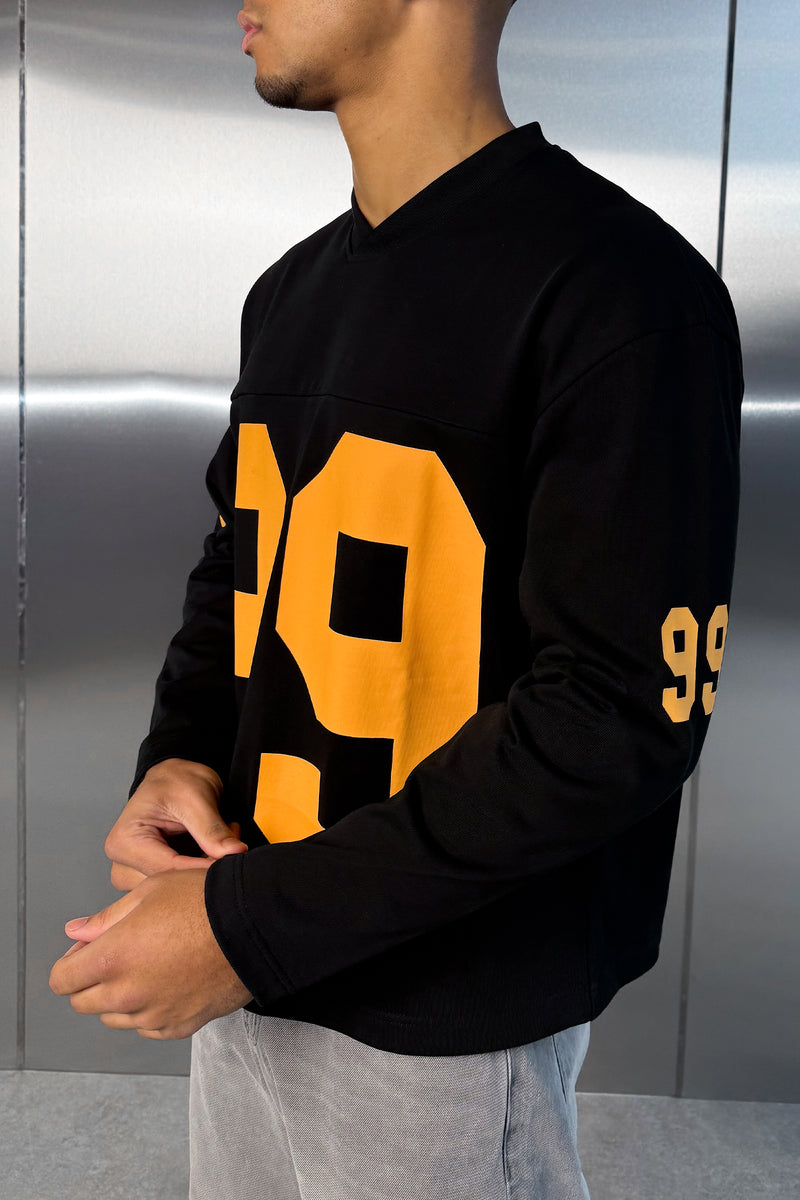 Boxy ’99’ Long Sleeve V-Neck T-Shirt - Black
