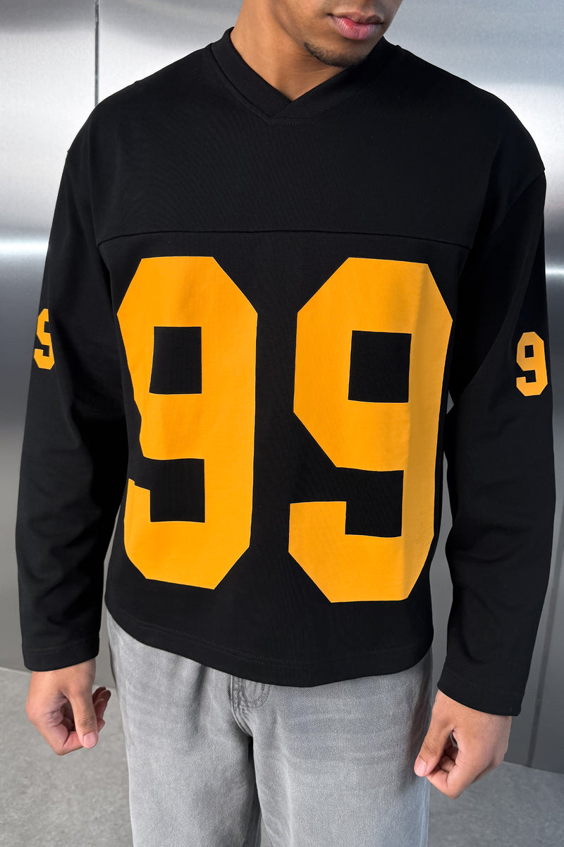 Boxy ’99’ Long Sleeve V-Neck T-Shirt - Black