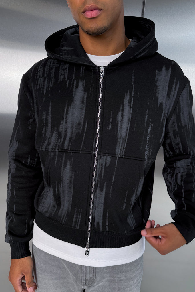 Abstract Wash Boxy Double Zip Hoodie - Black
