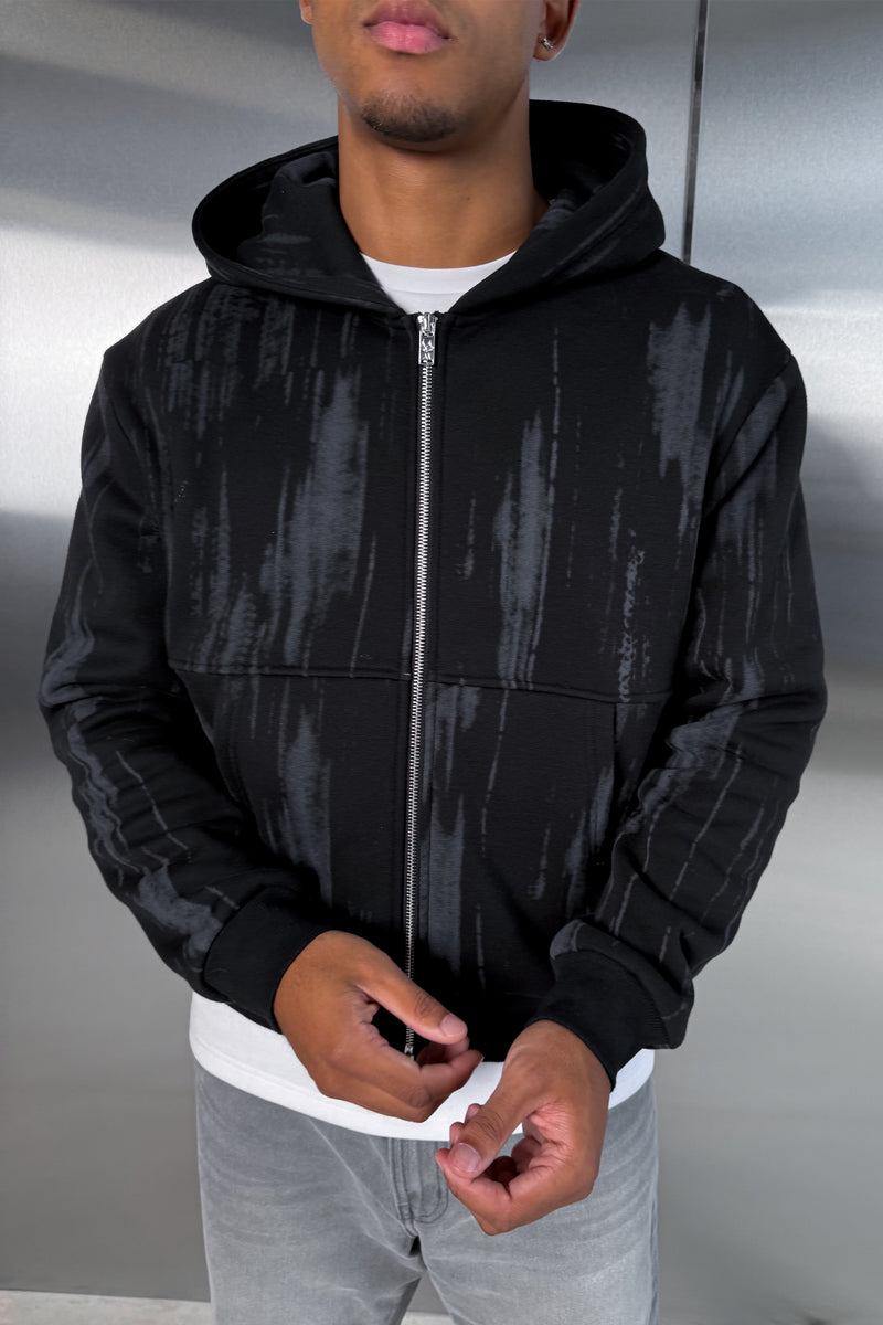 Abstract Wash Boxy Double Zip Hoodie - Black