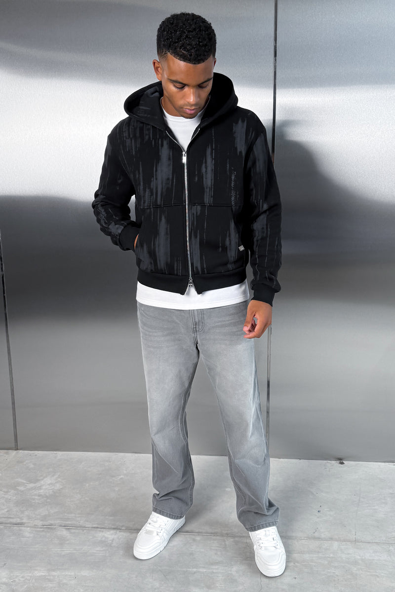 Abstract Wash Boxy Double Zip Hoodie - Black