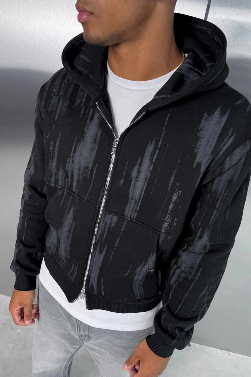 Abstract Wash Boxy Double Zip Hoodie - Black
