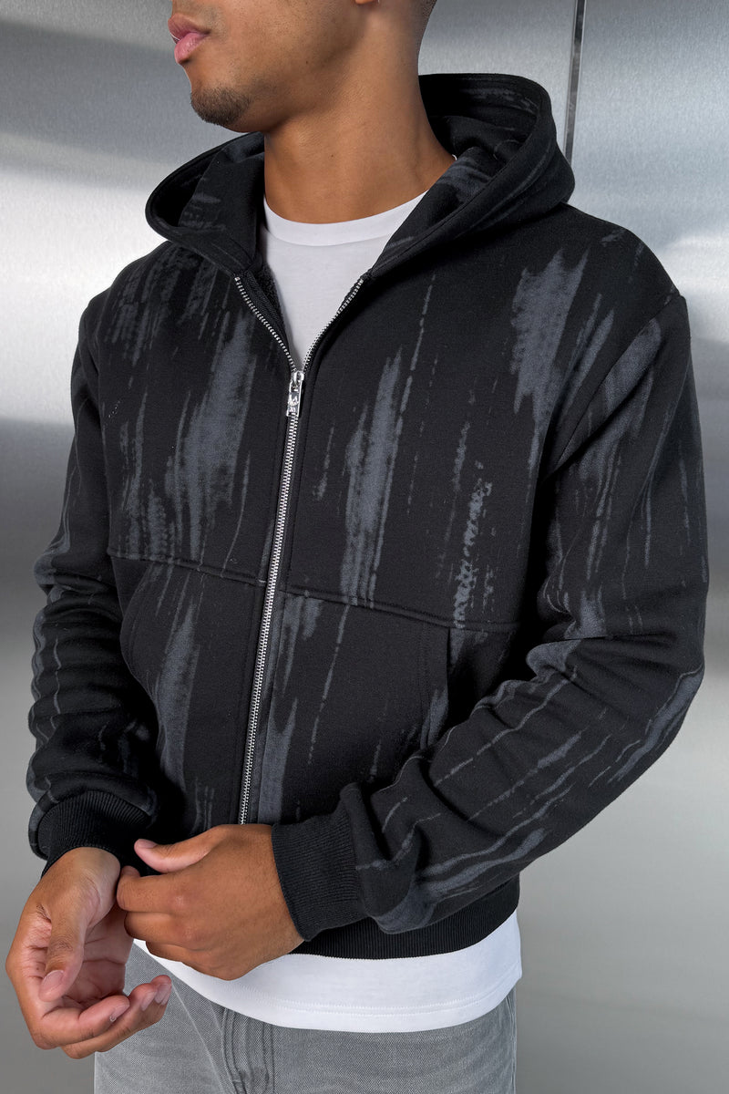 Abstract Wash Boxy Double Zip Hoodie - Black
