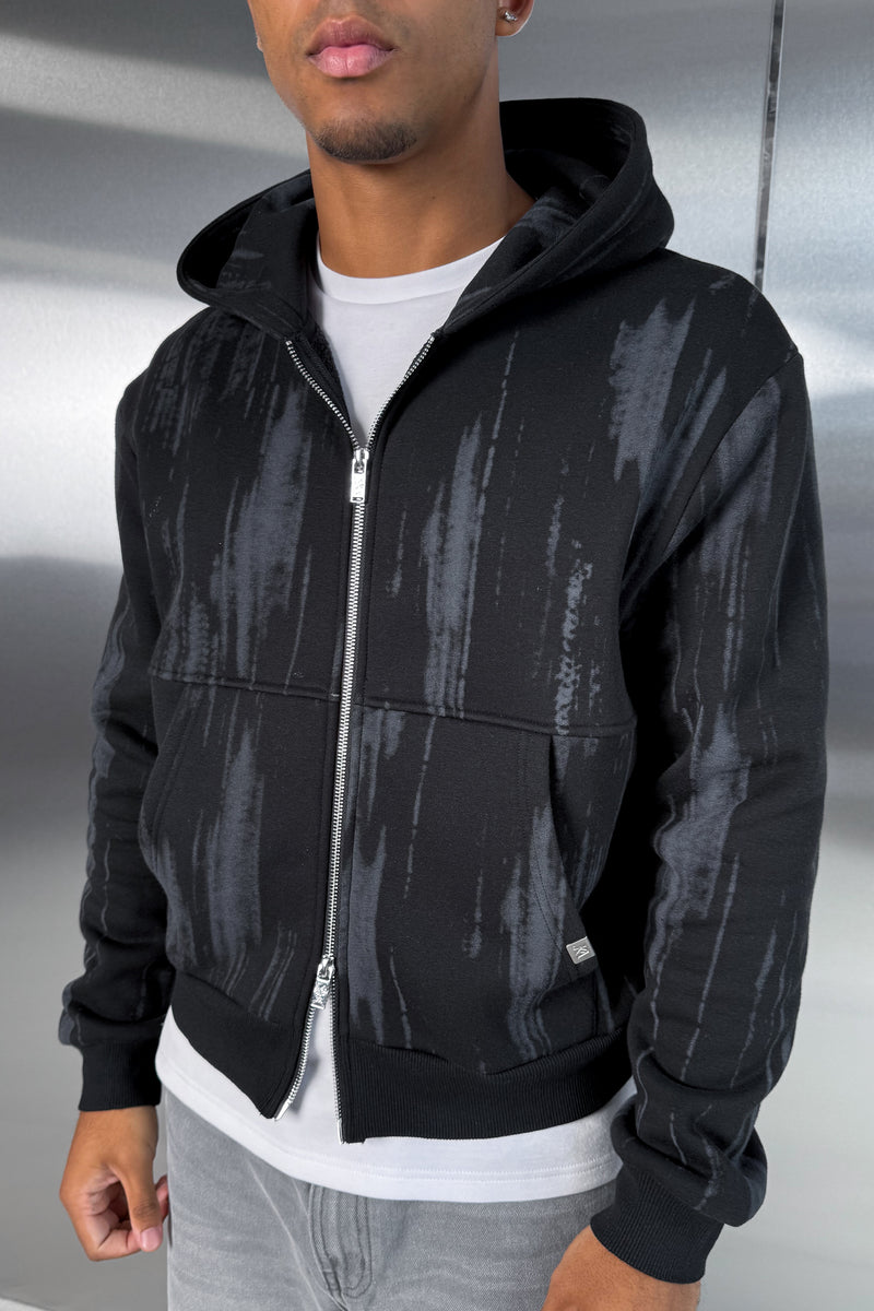 Abstract Wash Boxy Double Zip Hoodie - Black