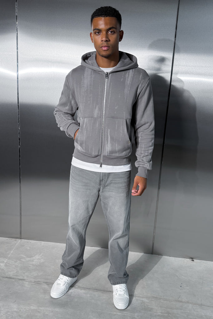 Abstract Wash Boxy Double Zip Hoodie - Grey