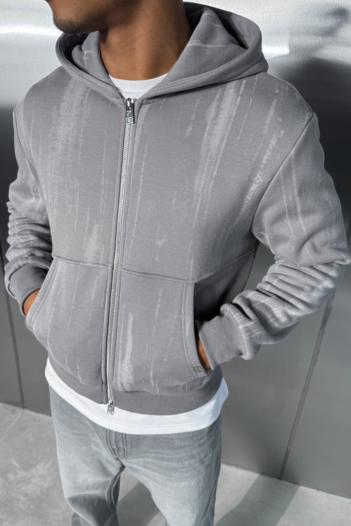 Abstract Wash Boxy Double Zip Hoodie - Grey