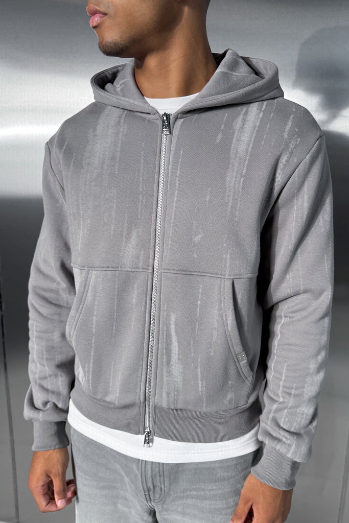 Abstract Wash Boxy Double Zip Hoodie - Grey