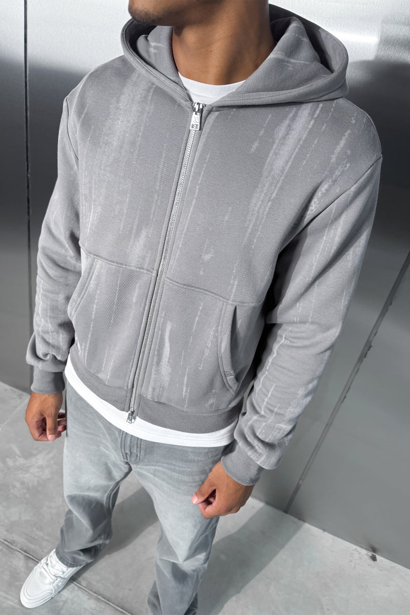 Abstract Wash Boxy Double Zip Hoodie - Grey