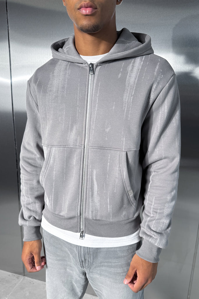 Abstract Wash Boxy Double Zip Hoodie - Grey