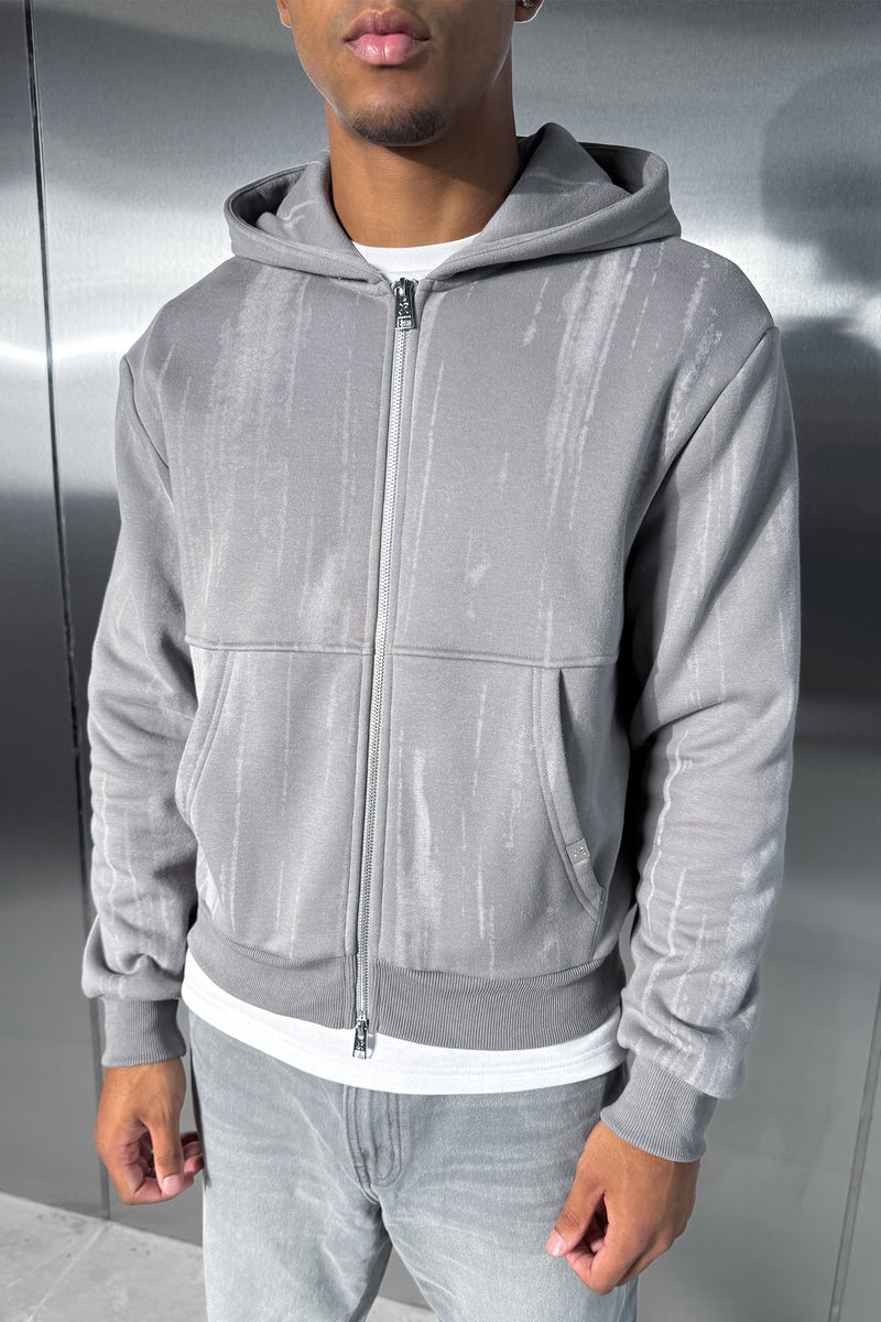 Abstract Wash Boxy Double Zip Hoodie - Grey