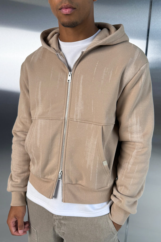 Abstract Wash Boxy Double Zip Hoodie - Stone