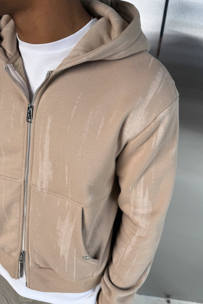 Abstract Wash Boxy Double Zip Hoodie - Stone