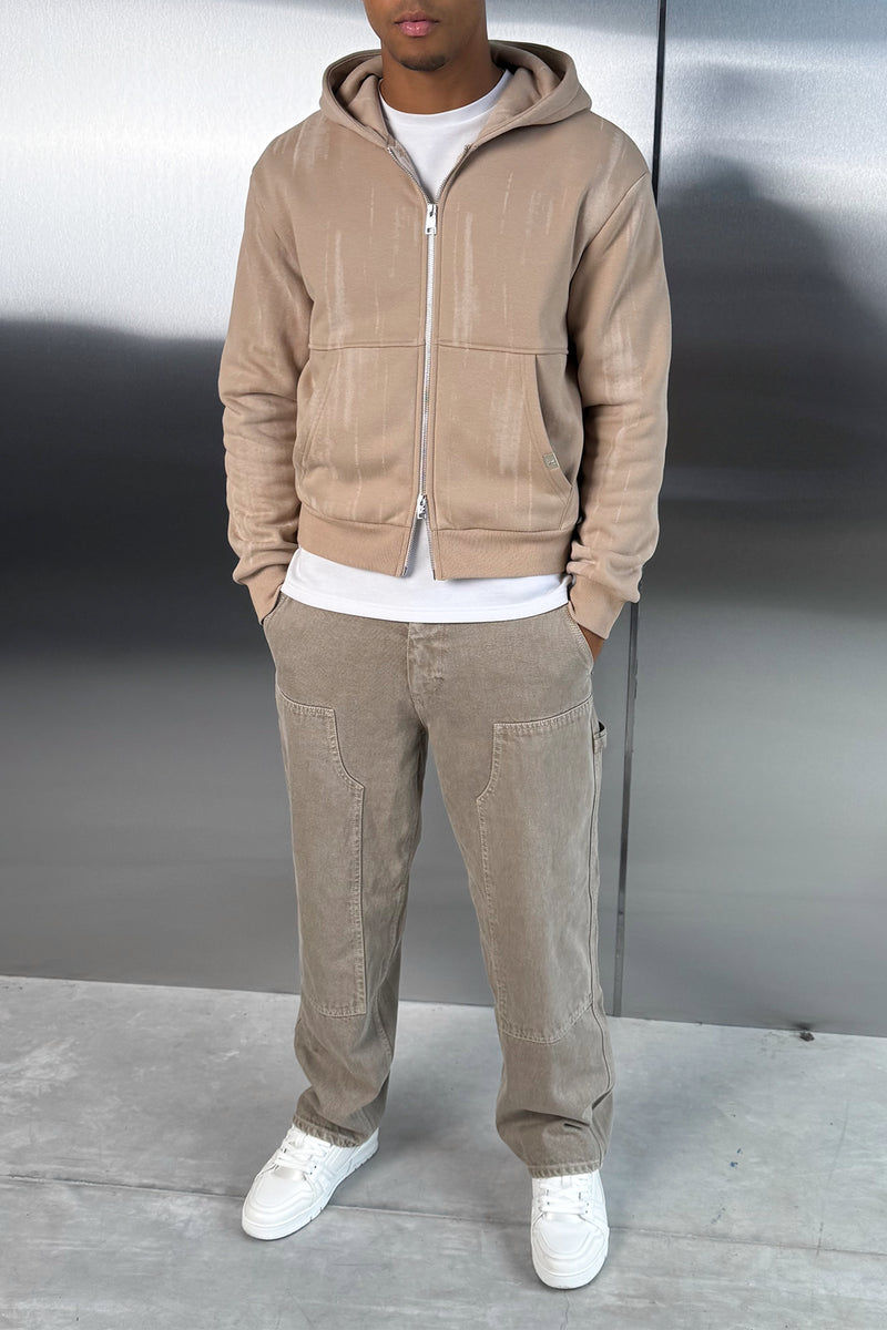 Abstract Wash Boxy Double Zip Hoodie - Stone