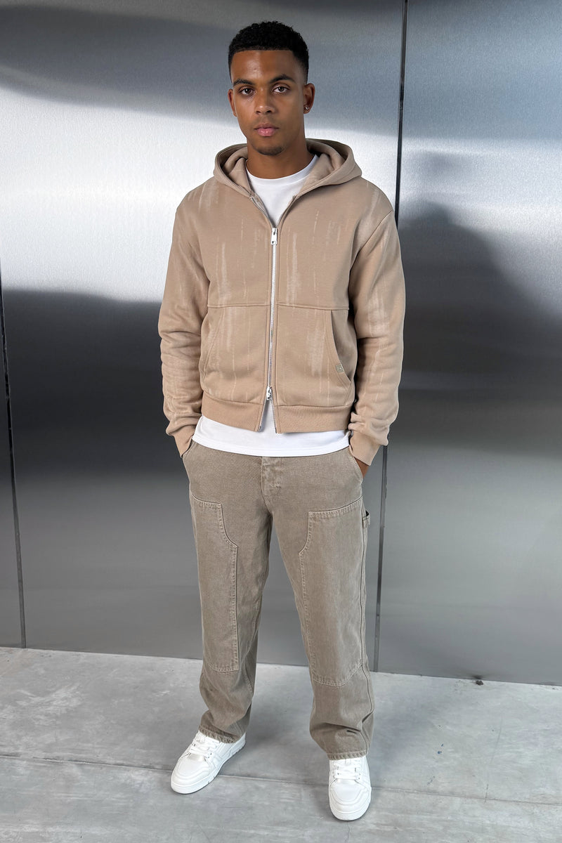 Abstract Wash Boxy Double Zip Hoodie - Stone