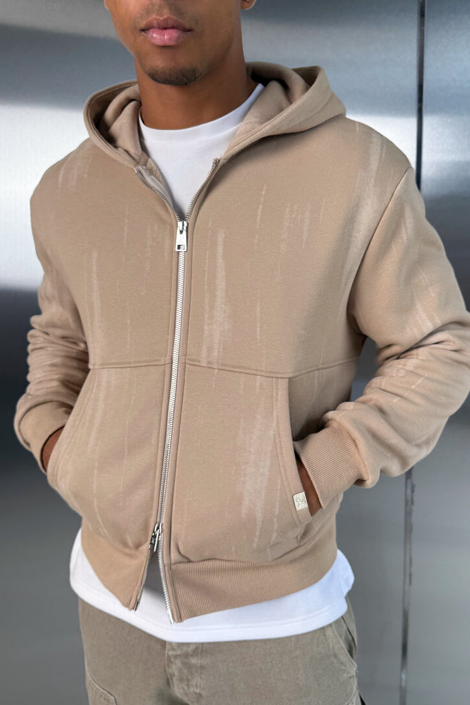 Abstract Wash Boxy Double Zip Hoodie - Stone