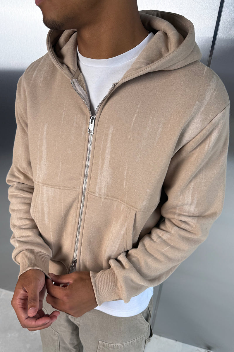 Abstract Wash Boxy Double Zip Hoodie - Stone