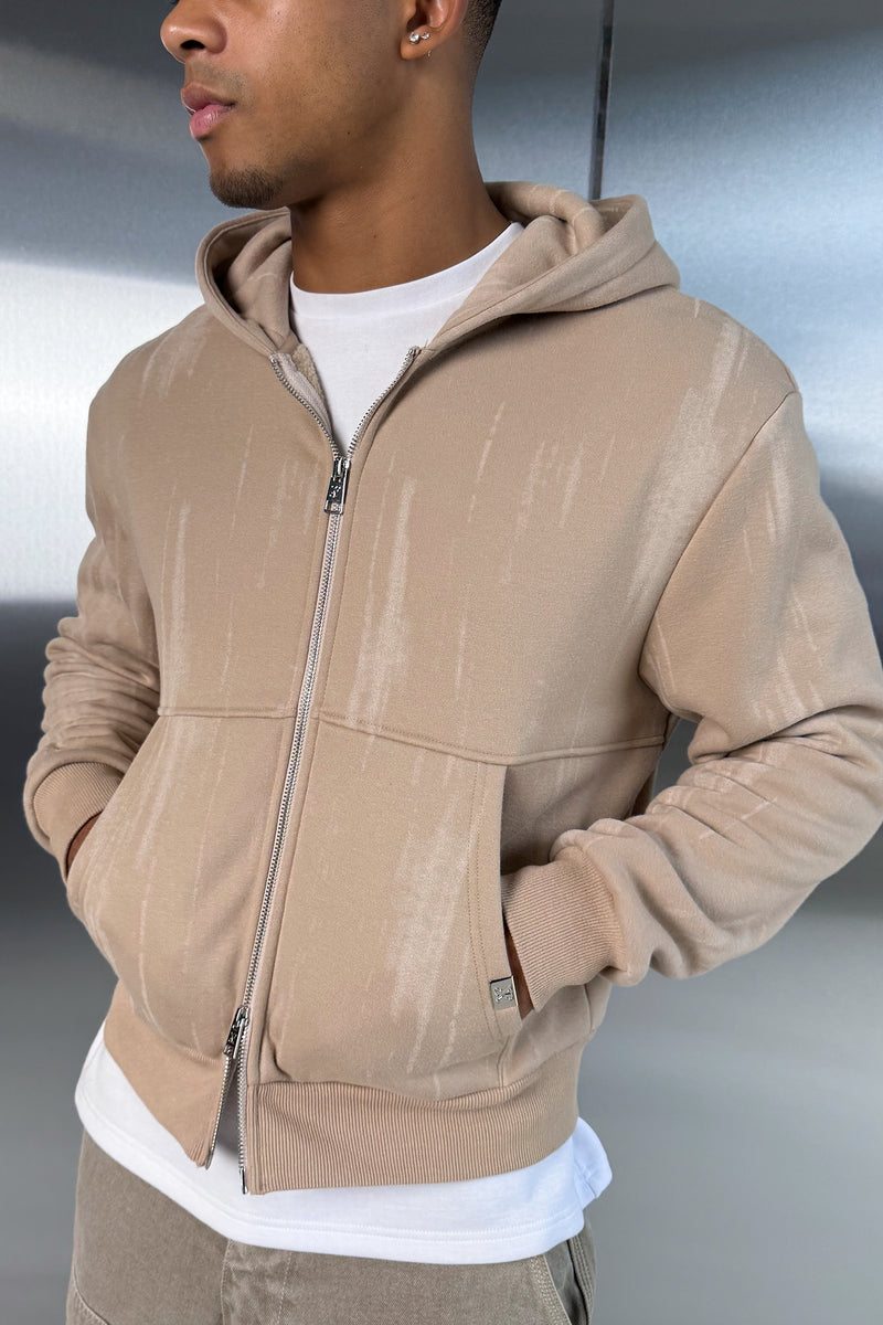 Abstract Wash Boxy Double Zip Hoodie - Stone