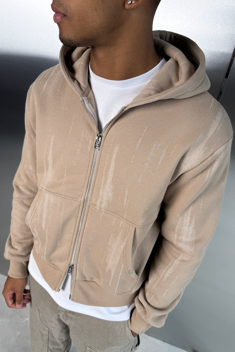 Abstract Wash Boxy Double Zip Hoodie - Stone