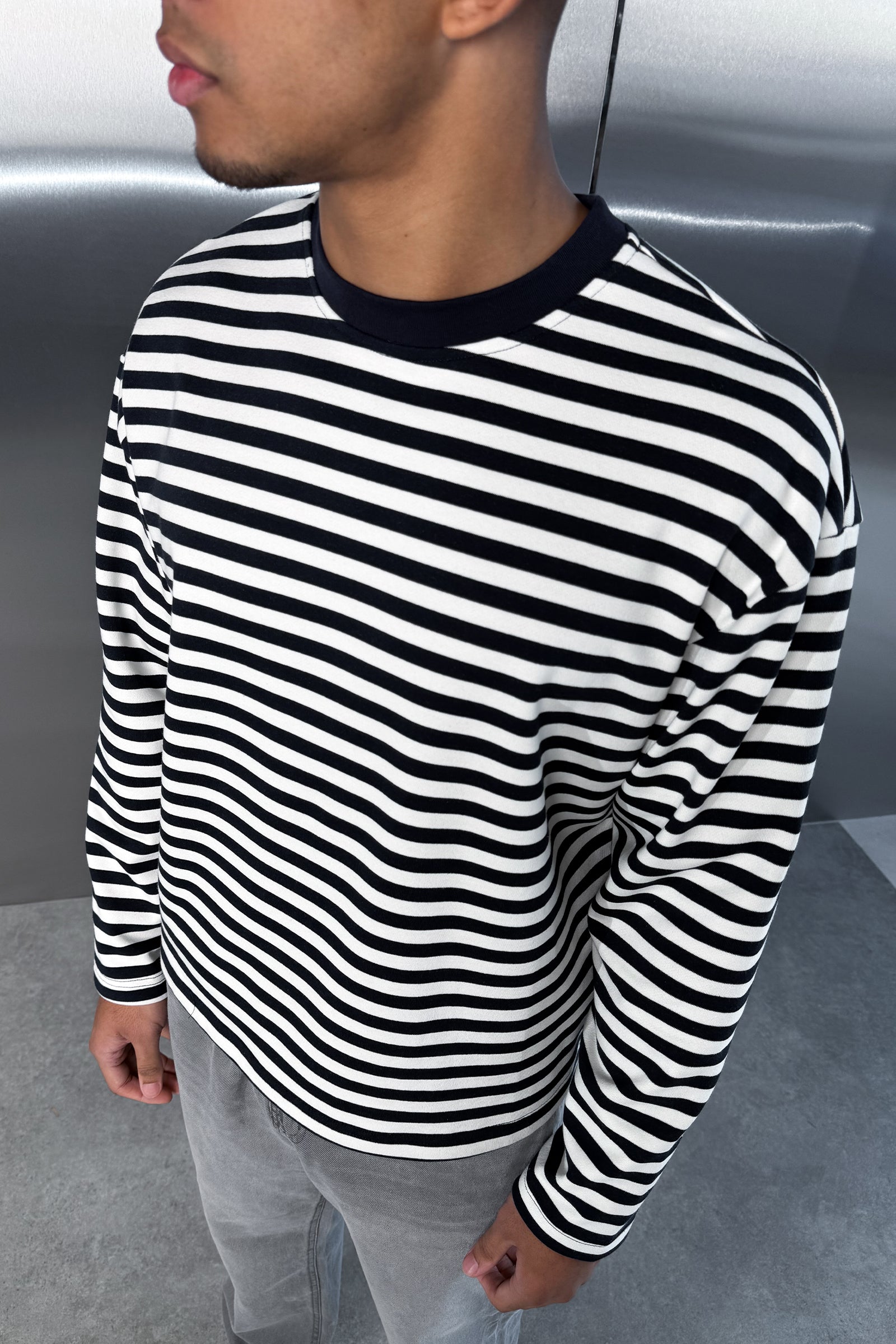 Boxy Striped Long Sleeve T-Shirt - Navy – JK Attire
