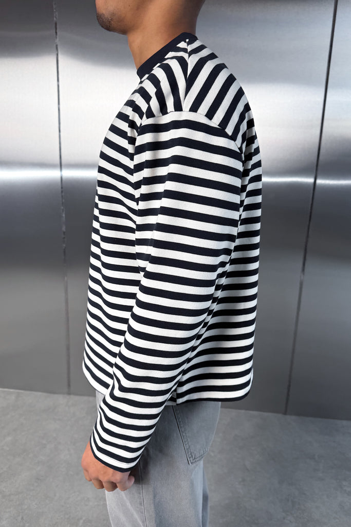 Boxy Striped Long Sleeve T-Shirt - Navy