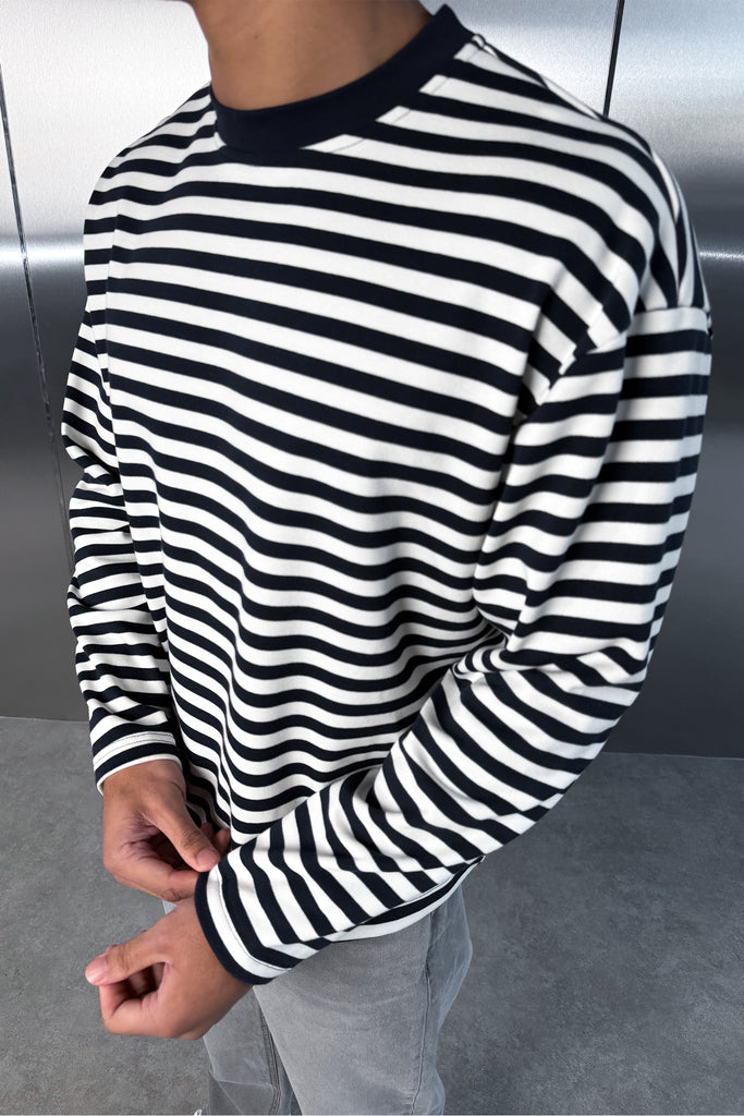 Boxy Striped Long Sleeve T-Shirt - Navy