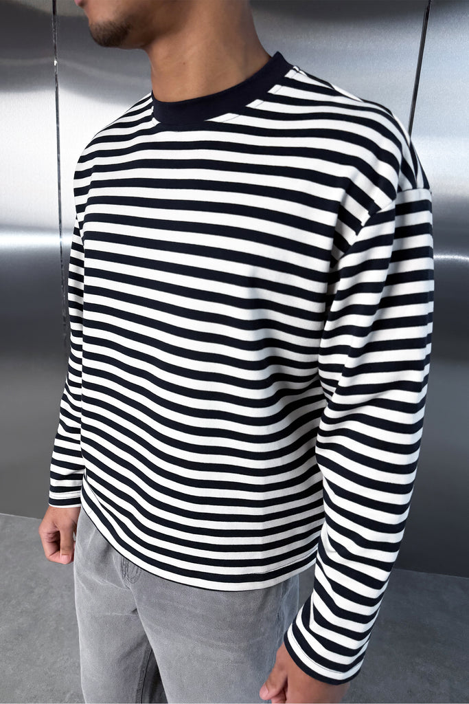 Boxy Striped Long Sleeve T-Shirt - Navy