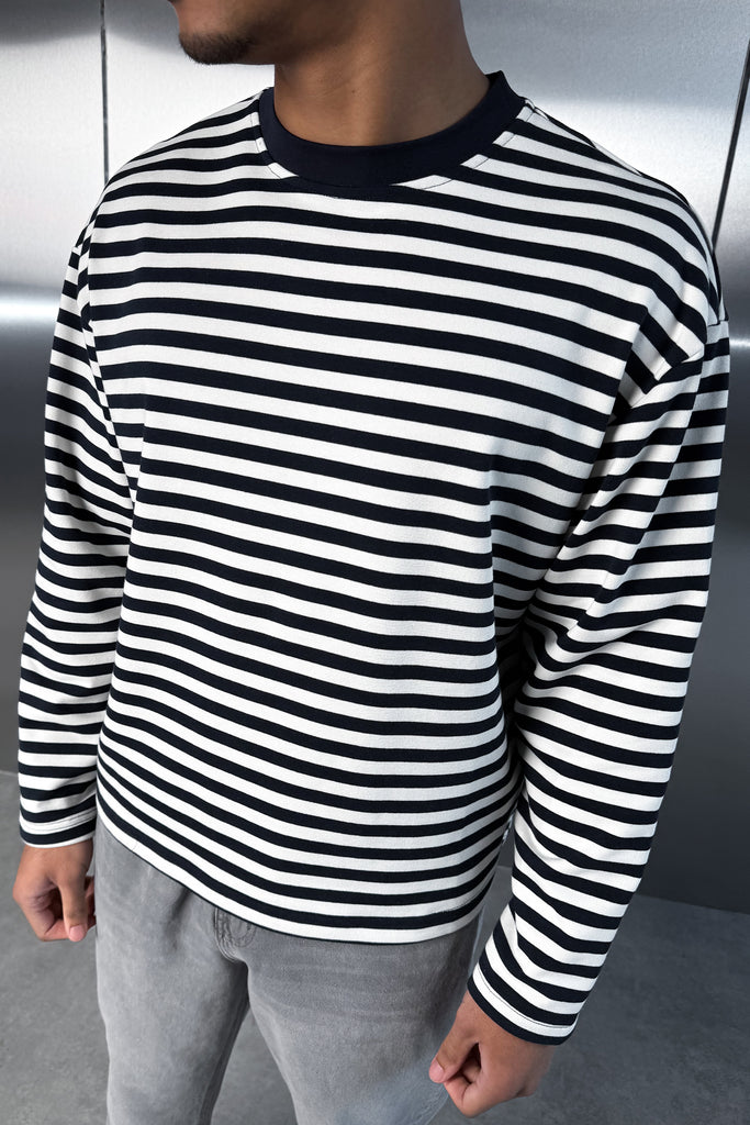 Boxy Striped Long Sleeve T-Shirt - Navy