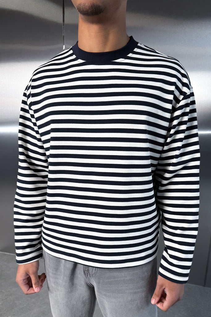 Boxy Striped Long Sleeve T-Shirt - Navy