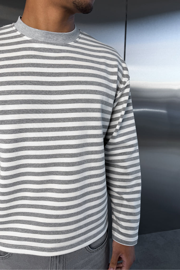 Boxy Striped Long Sleeve T-Shirt - Grey